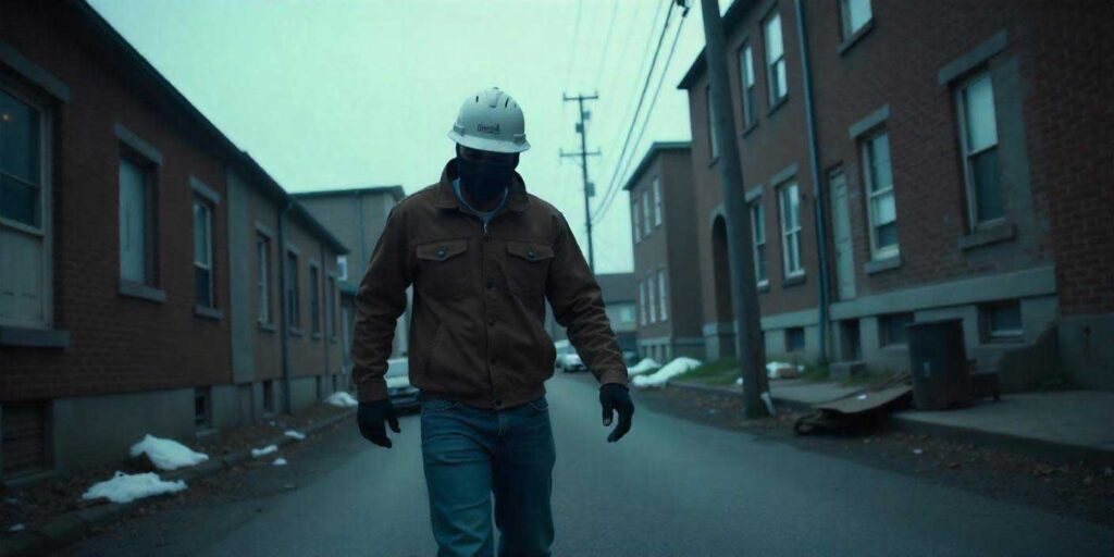 Investigator in mask, hat, and gloves searching for evidence