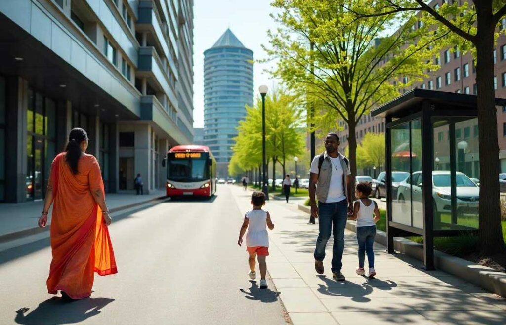 Woman watching a child on the street with a city bus in the background