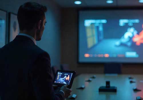 Investigator observing surveillance footage in an office