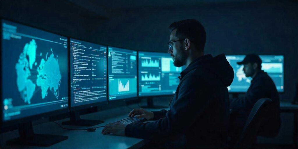 Private investigator analyzing surveillance graphs on computer monitor