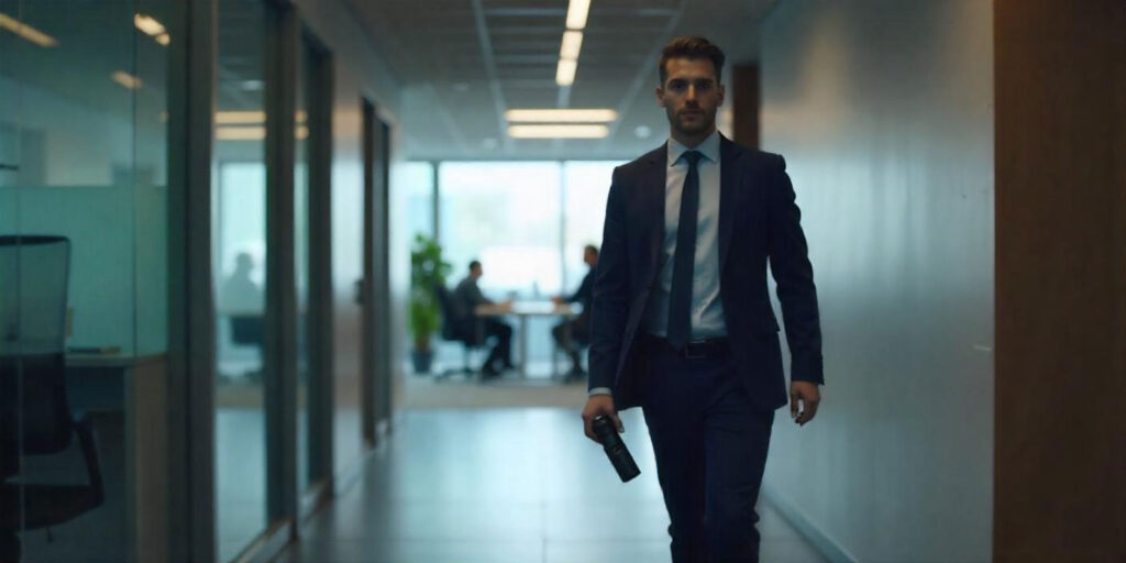 Professional investigator walking through an office corridor confidently
