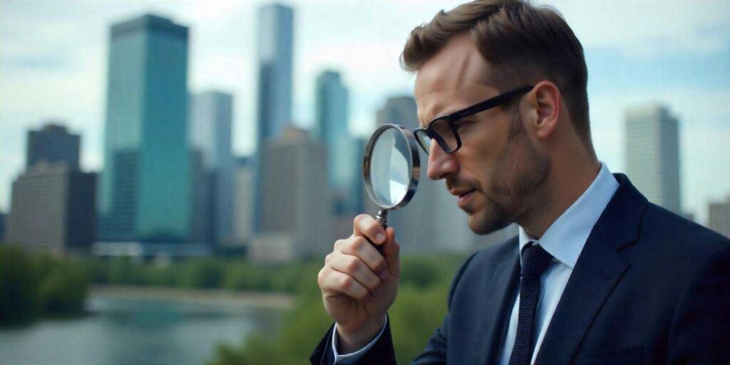 Investigator using a magnifying glass to examine case details