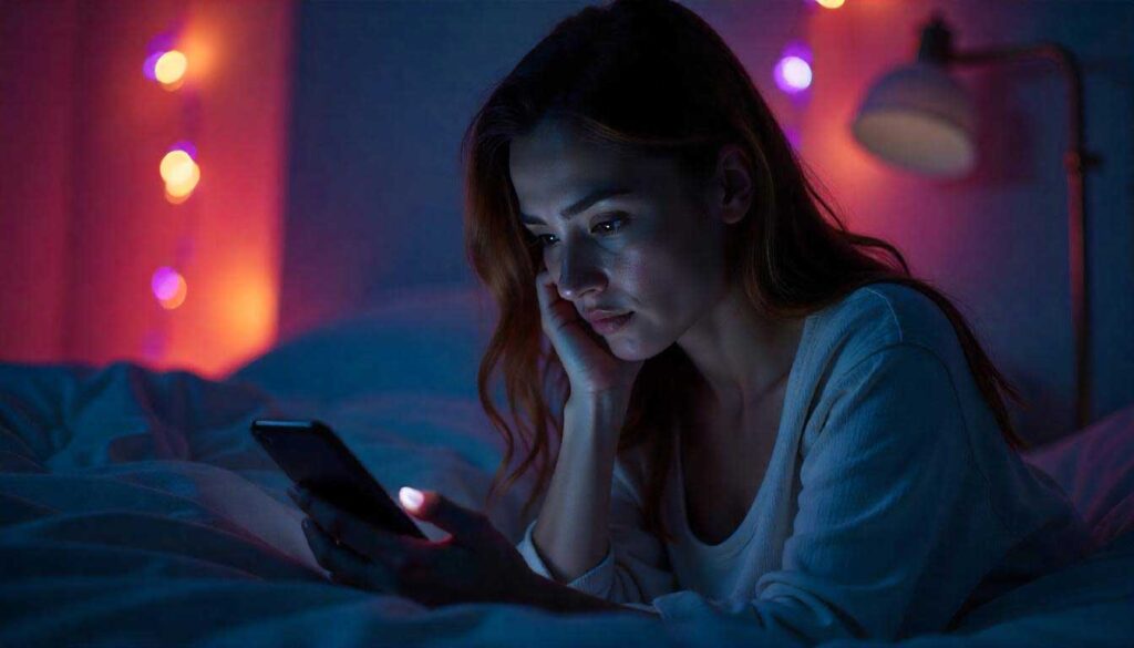 Woman looking at her phone at night appearing stressed