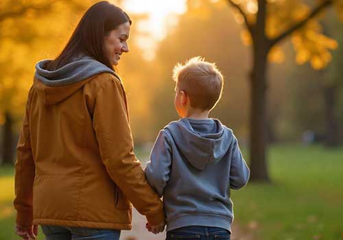 Mother and child walking together in a nature-filled area