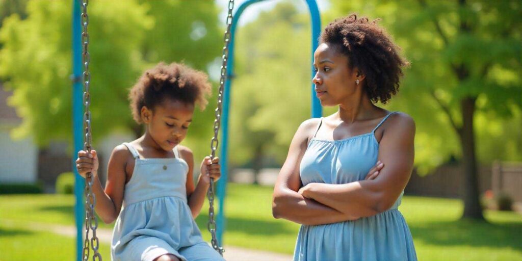 Concerned mother watching her child on a swing in the park