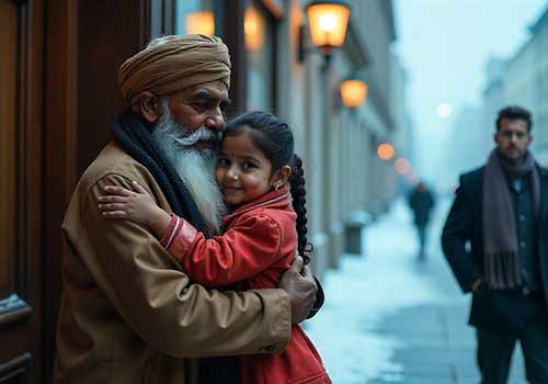 Sikh man meeting his granddaughter while an investigator watches discreetly