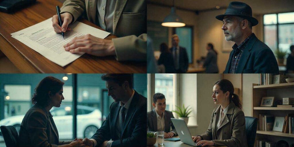 Collage showing files, investigators, meetings, and elderly man