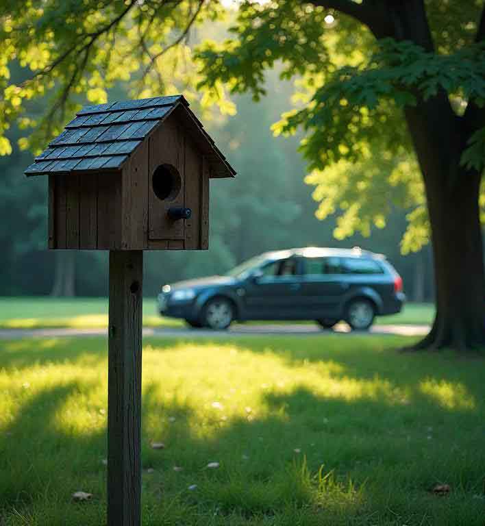 Bird nest-style mailbox with a car parked in the background
