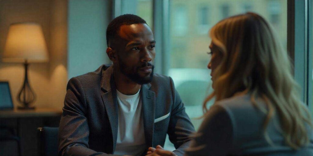 Investigator discussing infidelity case details with client in a discreet hotel setting