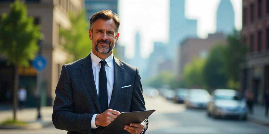Smiling investigator holding a file, ready to conduct a detailed background check