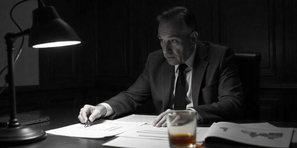 Focused private investigator analyzing case details with intense concentration