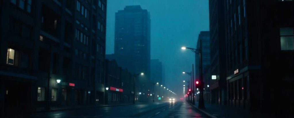 Foggy, rainy empty road with streetlights glowing at night
