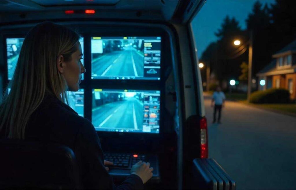 Officer monitoring road activity from a tech-enabled surveillance car