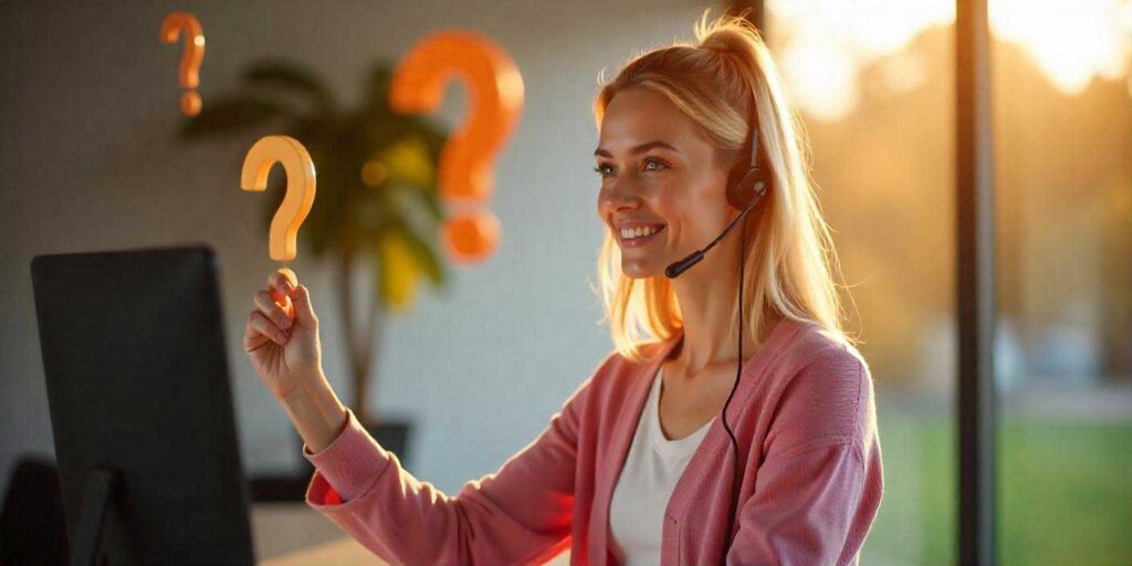 Woman on headset assisting while a person holds a question mark, indicating background inquiry