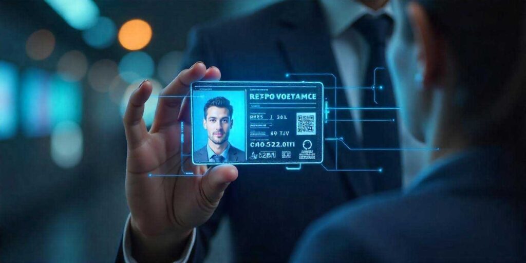 Digital-style ID card glowing with lights, symbolizing identity verification and screening