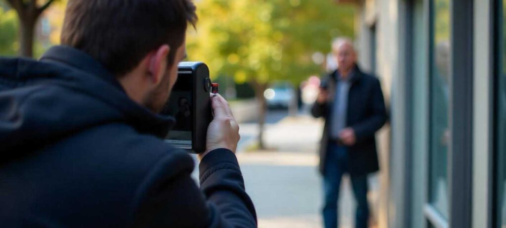 Person taking a photo of another in sunny weather outdoors