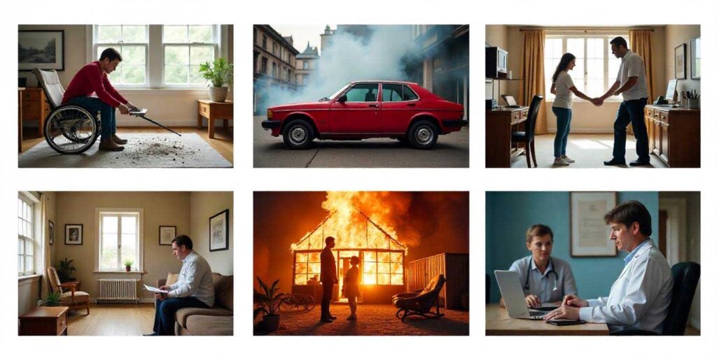 Collage of six images showing various types of insurance fraud