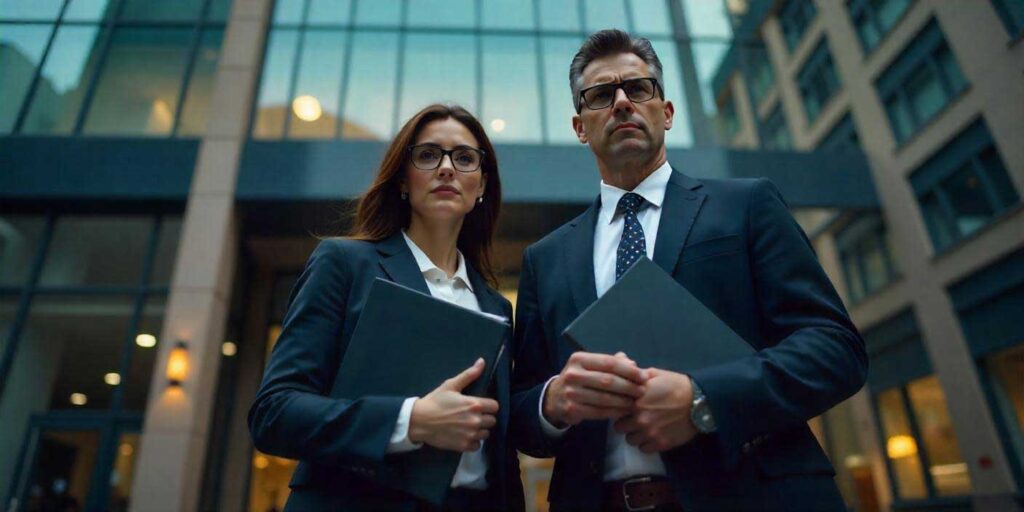 Two professional investigators standing with a file, ready for insurance fraud investigation
