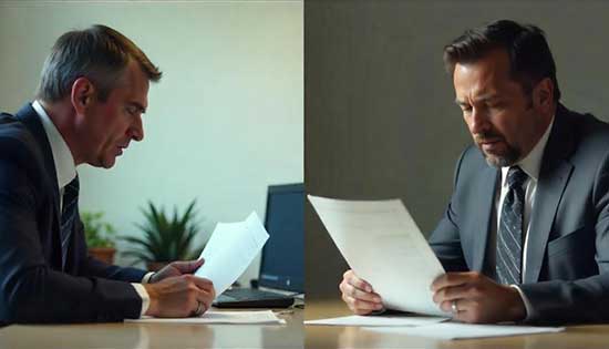 Two people seriously reviewing documents related to insurance fraud