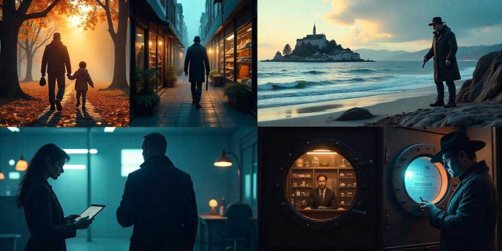 Collage showing investigator, family, beach, vault, and kid