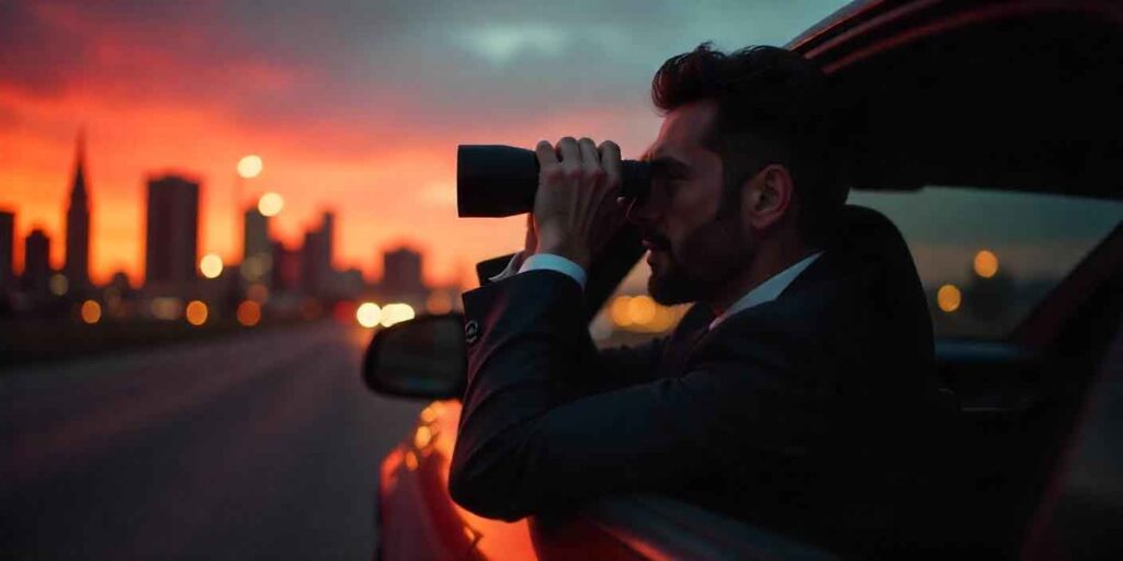 Investigator using binoculars to observe target discreetly from inside a surveillance vehicle