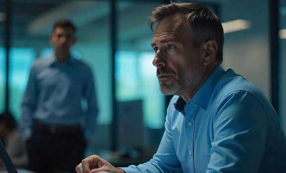 Concerned client sitting in a private investigation office