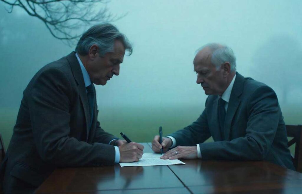 Two elderly individuals having a meeting outdoors in a foggy cold setting