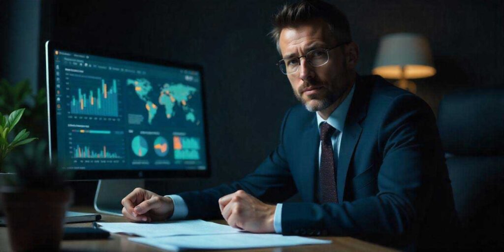 Private investigator with data graphs on screen, analyzing missing asset leads
