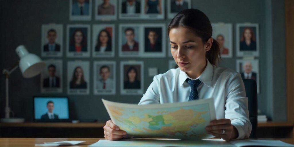 Female investigator in office studying a map for a missing person case
