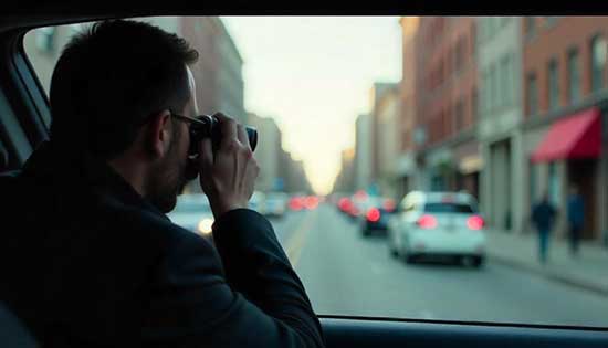 Investigator using binoculars to scan the road during a search operation