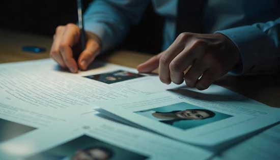Investigator reviewing files related to a missing person investigation