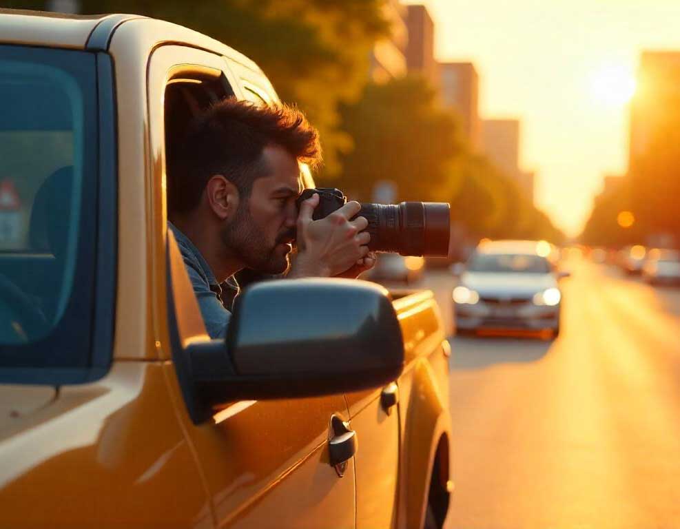 Investigator taking surveillance photos from inside a car