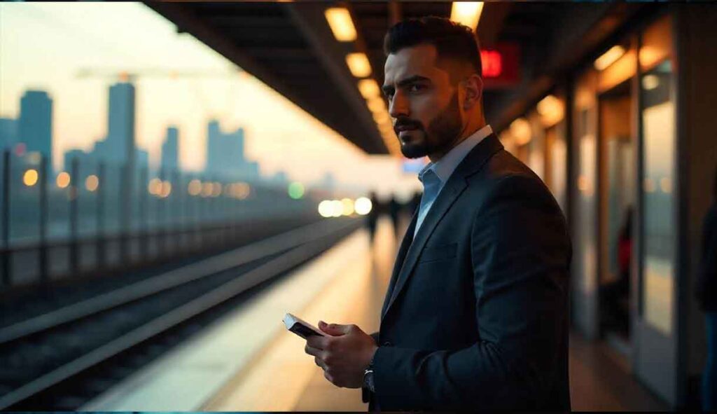 Investigator standing at a train station holding a phone