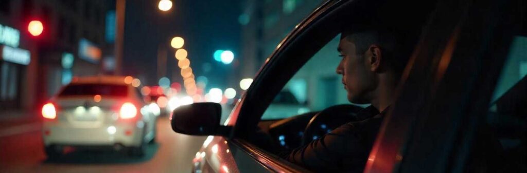 Investigator discreetly conducting surveillance from inside a parked vehicle