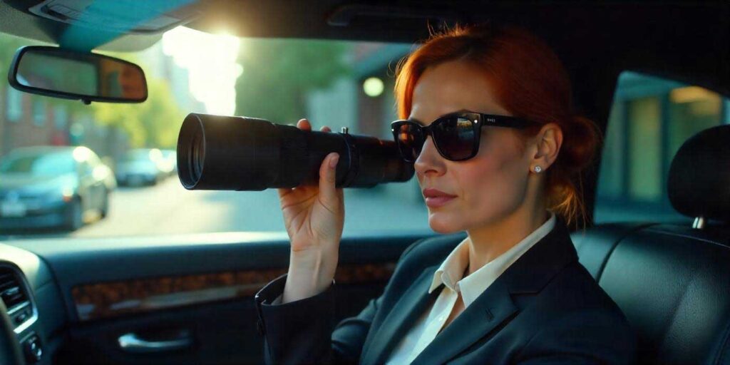 Woman using binoculars while observing from inside a car