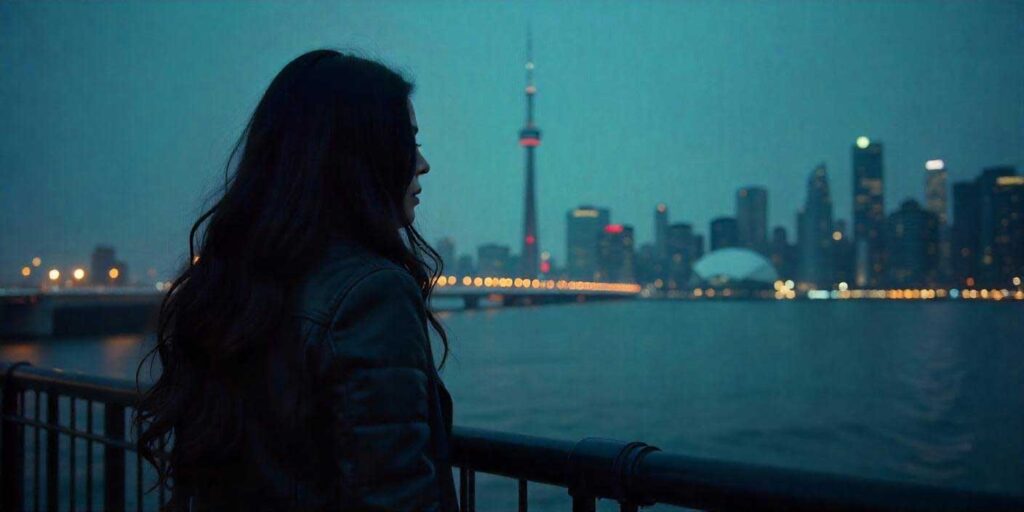 Woman looking at the Toronto skyline from a high point