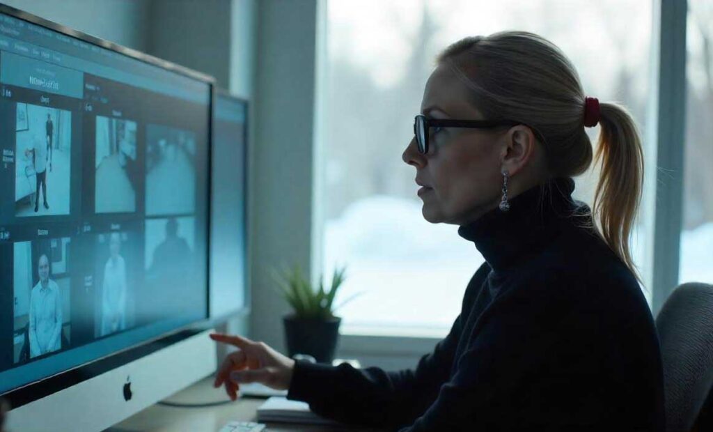 Female investigator analyzing data on computer monitor