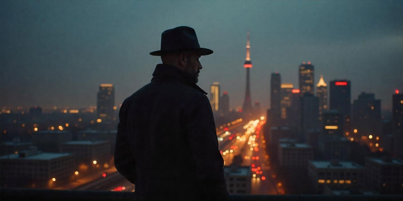 Private investigator in black cap observing cityscape during surveillance operation