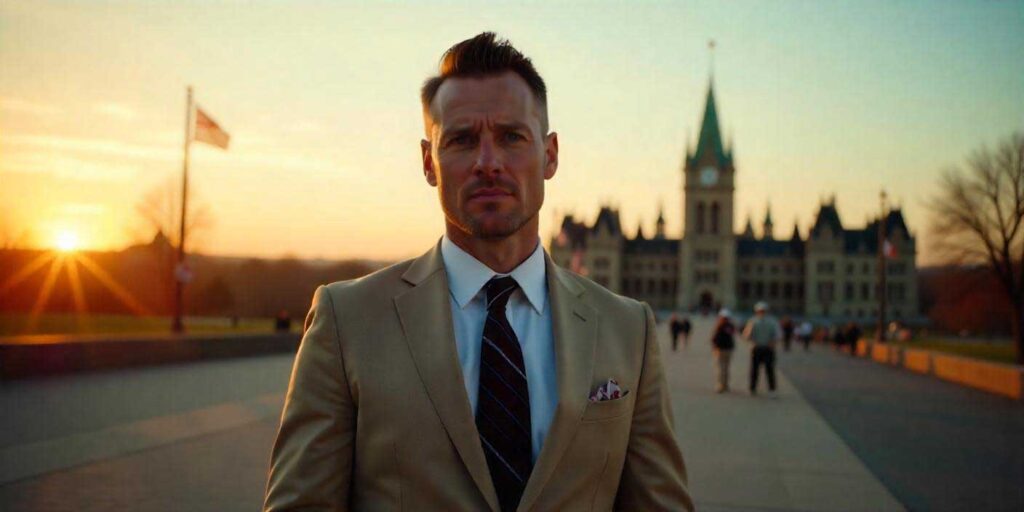 Investigator standing with a castle backdrop, looking professional