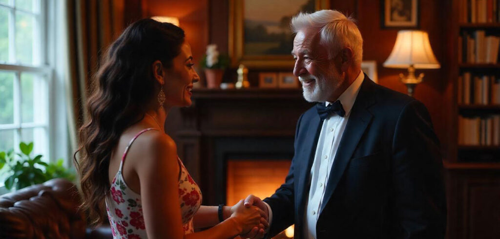 An elderly and professional man meeting a young lady