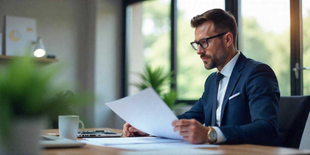 Professional private investigator reviewing confidential documents