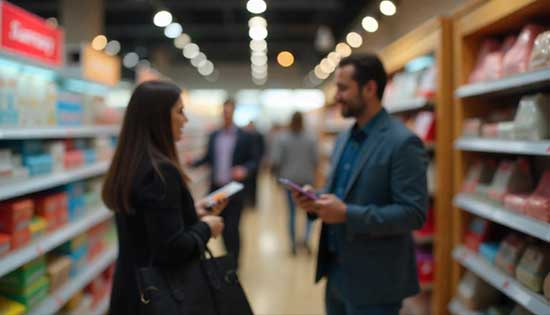 Secret shopper observing products and staff behavior in a supermarket