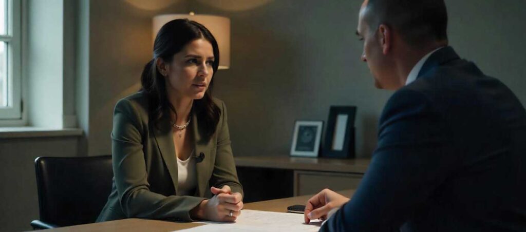 Client and investigator having a discussion at a table