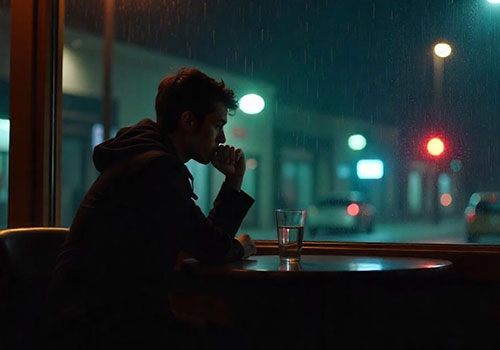 Person sitting alone in a hotel room, tense with a glass of water