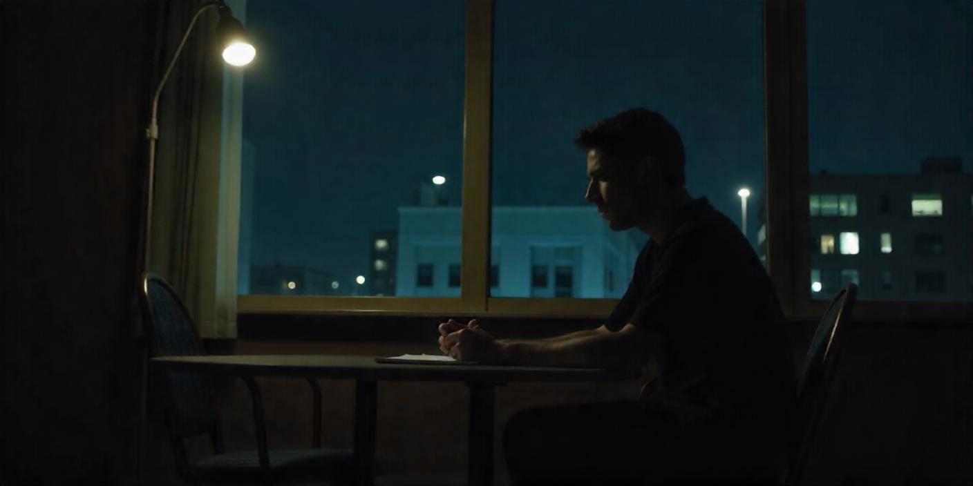 Worried individual sitting alone at a table, facing emotional stress and uncertainty