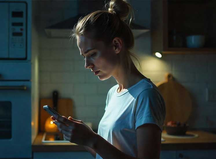 Woman looking at her phone appearing tense or worried