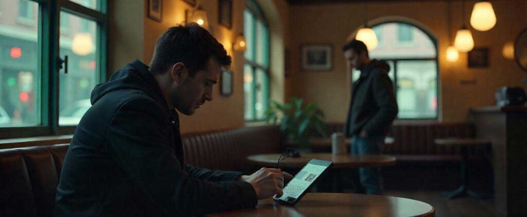 Individual discreetly viewing footage or messages on an iPad in a hotel room