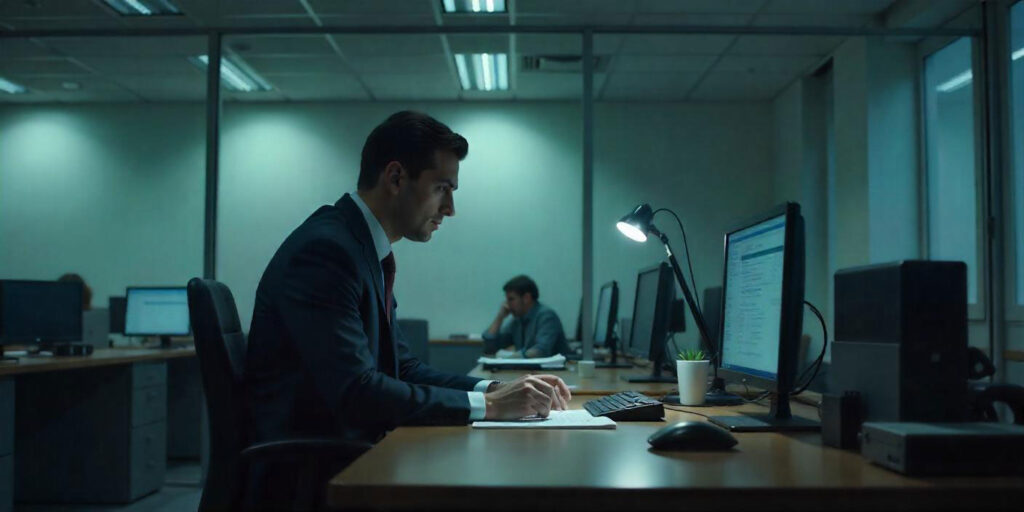Private investigator analyzing data on a computer in an office
