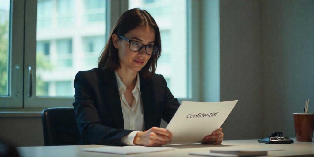 Female investigator in formals reviewing a confidential file