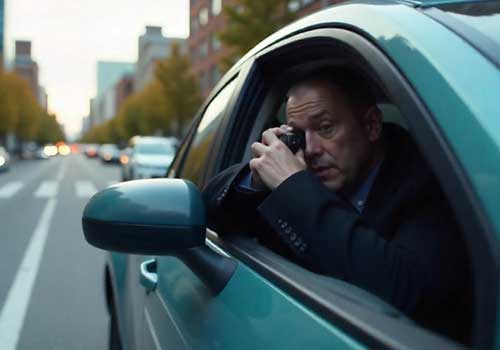 Elderly investigator using binoculars to observe from a car